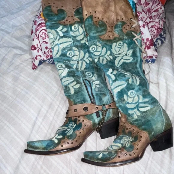 Corral Rose Brown Teal Embroidered Boots western Lace Cowboy Country 10.5 10 - Picture 6 of 11